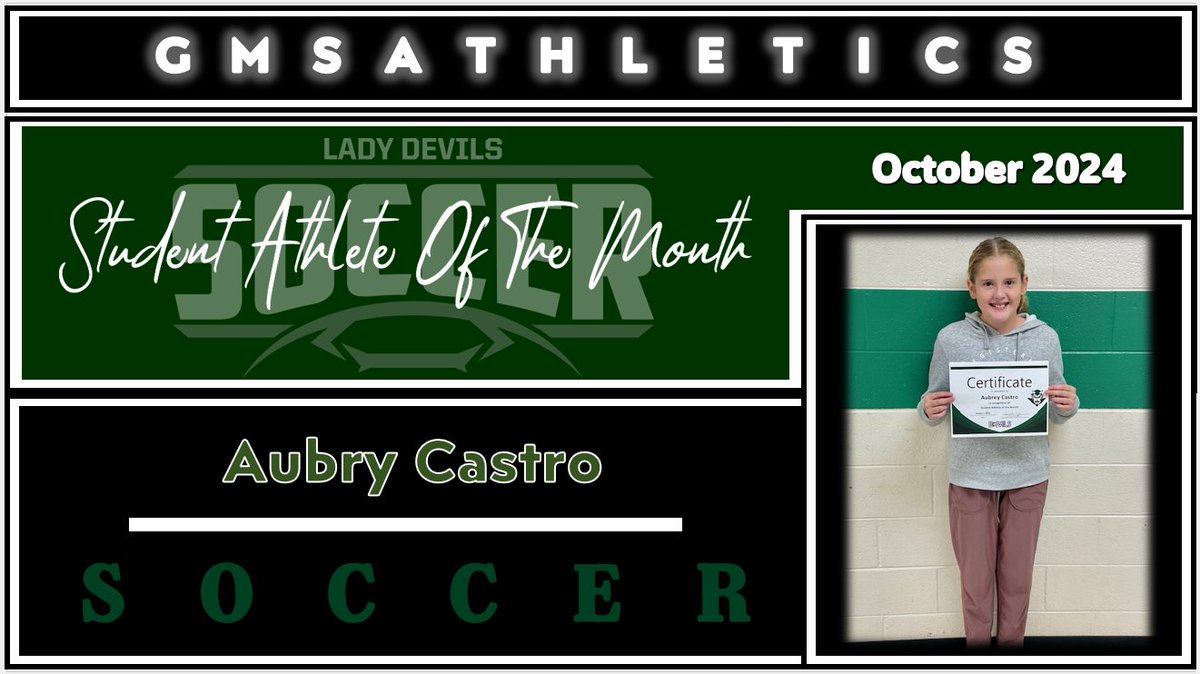 GMS Athletics Student Athlete of the Month
October 2024
Girls' Junior Varsity Soccer, Aubry Castro
Go Devils!
<a href="/racheladamstn/">Dr. Rachel Adams</a> <a href="/CoachMcCall65/">Andy McCall</a> <a href="/GMSDevilsSoccer/">GMS Soccer</a>
<a href="/LLCoachJ/">Rustin Jones</a> <a href="/CoachDWood/">Dean Wood</a> <a href="/williep665/">Big Willie Style 66</a>