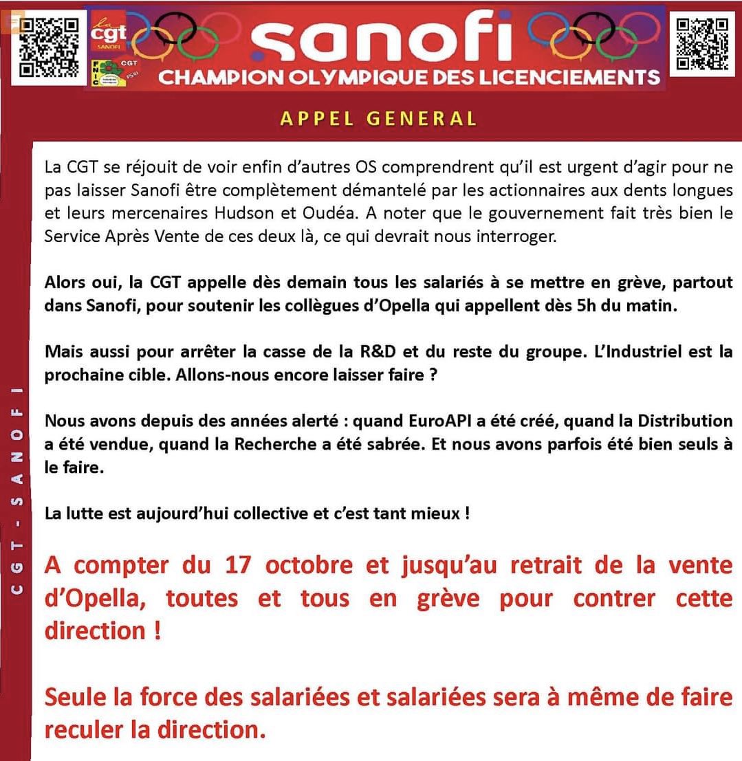 SANOFI : Appel à la grève sur tous les sites à compter du 17 octobre et jusqu'au retrait de la vente d'Opella !
Seule la force des salariées sera à même de faire reculer la direction.