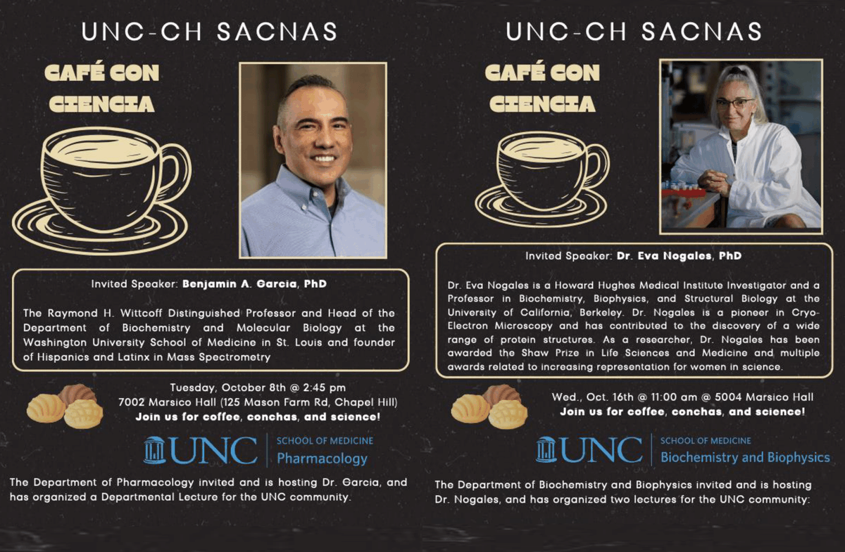 JovanTV's tweet photo. During this #HispanicHeritageMonth, our UNC-CH SACNAS Chapter hosted Dr. Ben Garcia (@GarciaLabMS) and Dr. Eva Nogales (@NogalesLab) for Café Con Ciencia discussions. Both were included in The Atlas of Inspiring Hispanic/Latinx Scientists, and shared amazing stories. #LatinxAtlas https://t.co/Go1SSV3gkw