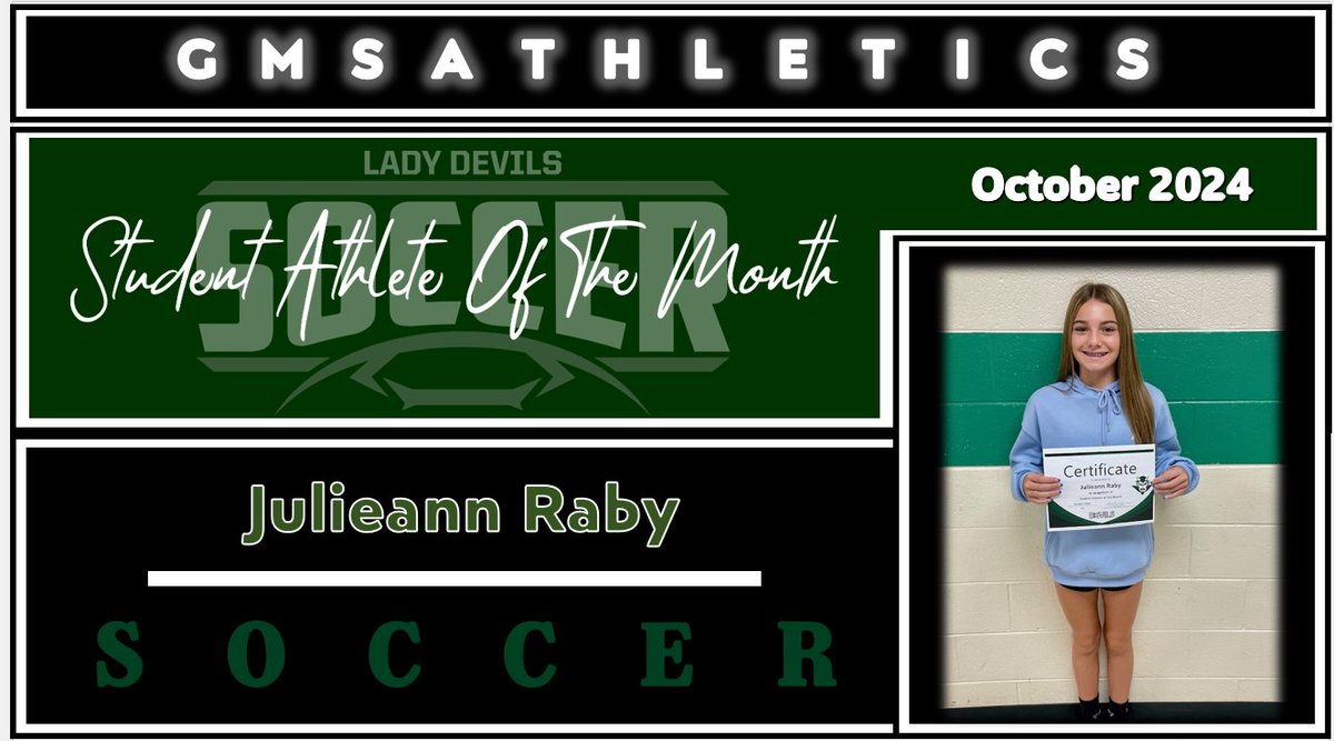 GMS Athletics Student Athlete of the Month
October 2024
Girls' Varsity Soccer, Julieann Raby
Go Devils!
<a href="/racheladamstn/">Dr. Rachel Adams</a> <a href="/CoachMcCall65/">Andy McCall</a> <a href="/GMSDevilsSoccer/">GMS Soccer</a>
<a href="/LLCoachJ/">Rustin Jones</a> <a href="/CoachDWood/">Dean Wood</a> <a href="/williep665/">Big Willie Style 66</a>