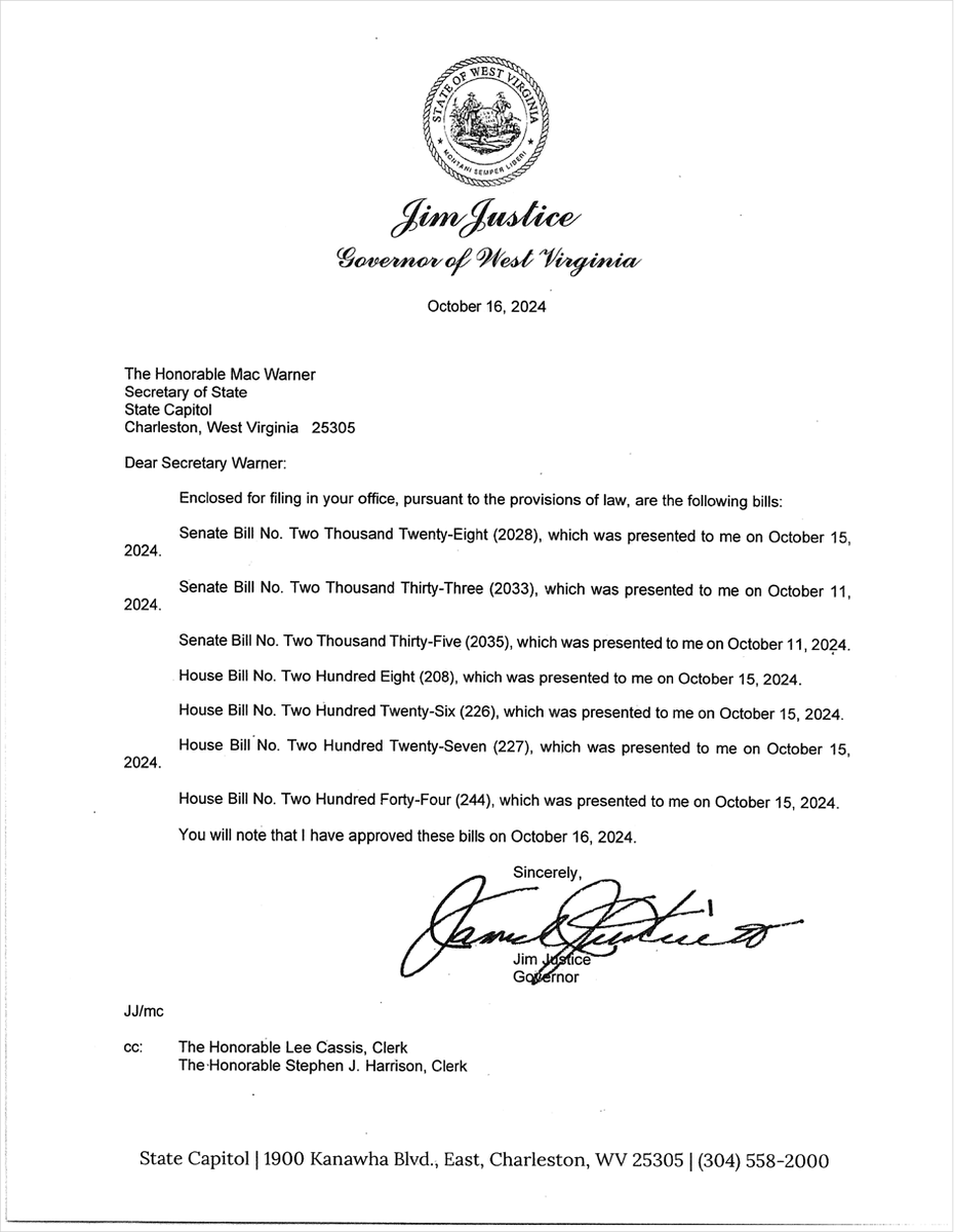 WVSenClerk's tweet photo. The @WVGovernor has signed the following bills for the Second Extraordinary Session: HB 208, HB 226, HB 227, HB 244, SB 2028, SB 2033, and SB 2035. View the Governor's action on all 2ES bills here: https://t.co/SO9Cwapv2C. https://t.co/UDwtsida8G