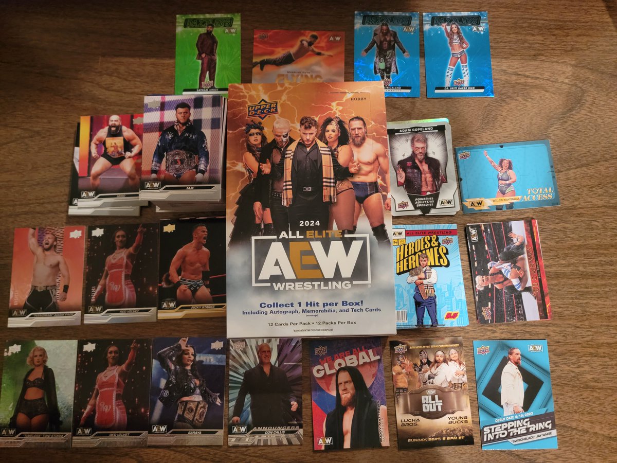 wrestlingcards's tweet image. #BoxBreak: 2024 @UpperDeckSports AEW
-Full base set + 9 dupes
-6 gold, 2 steel, 3 pyro, 1 outburst
-8 Heroes
-4 UD Canvas
-3 Gaming
-1 Total Access
-1 Stepping Into The Ring
-1 We Are Global
-1 All Out
-3 Dazzlers
-1 Flying Through The Air
#AEW #UpperDeck #WrestlingTradingCards