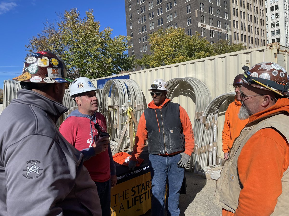 GoIUPAT's tweet photo. Our swing state bus tour has made it to Michigan!

Our General President @Jimmy_iupat and General VPs @lizmcelroy and Charlie Meadows visited a worksite full of glaziers to talk about voting our union values next month. https://t.co/JIzyhNz8U3