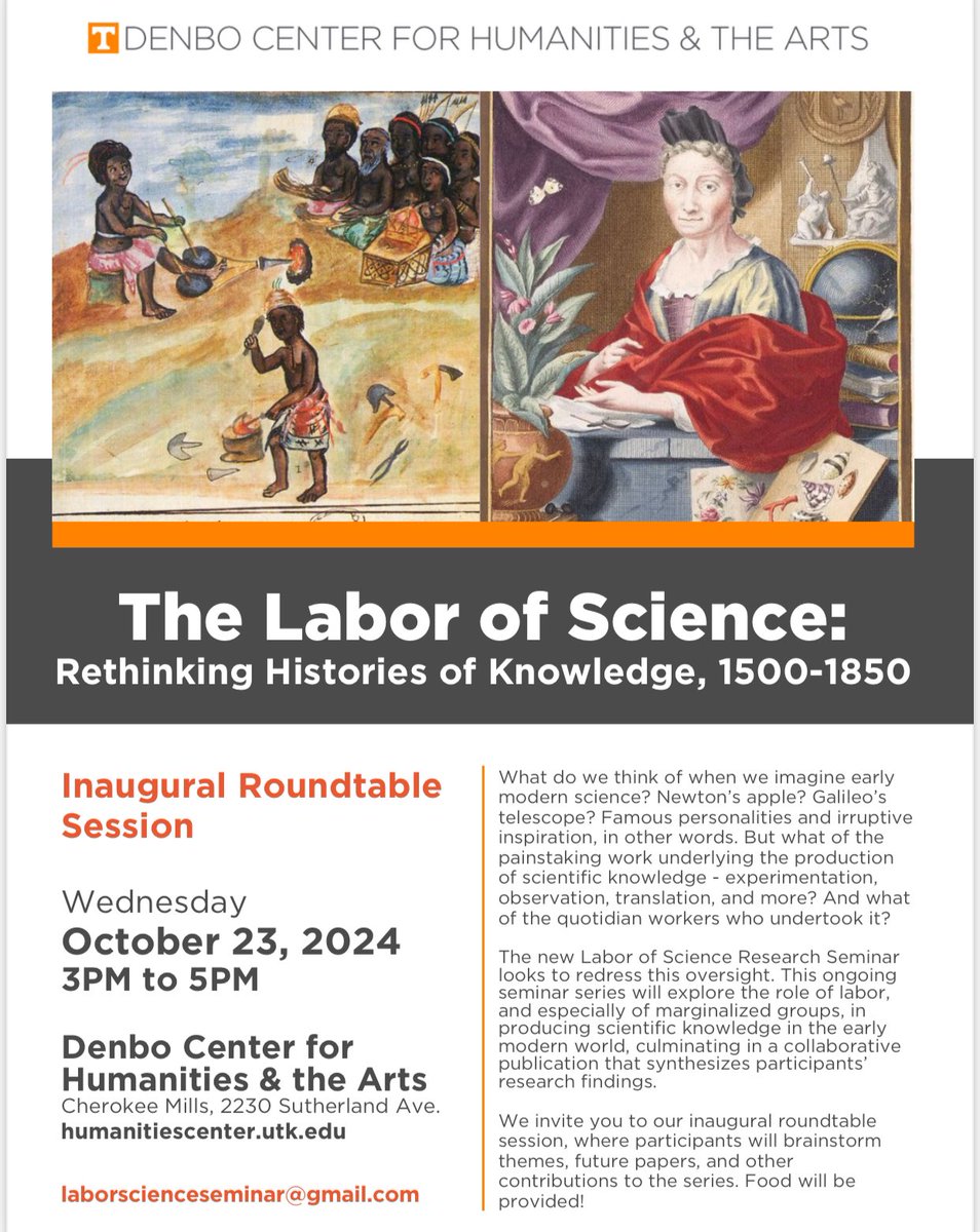 Just launched! We’re excited to invite you to the inaugural event of our research seminar, “The Labor of Science” happening in person on Oct 23! <a href="/UTHumanitiesCtr/">Denbo Center for Humanities & the Arts</a> 

Please get in touch for our hybrid events! 
<a href="/utkhistory/">UTK History</a> 
<a href="/GuySechrist/">Guy Morrison Sechrist, PhD</a>
