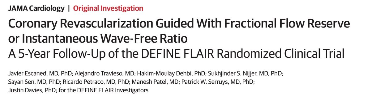5-year results of the DEFINE FLAIR trial are out now. Similar rates of MI and revasc, and exactly the same outcomes between iFR and FFR in deferred patients. However, this signal towards higher mortality with iFR needs further investigation. 
shorturl.at/a3pBd