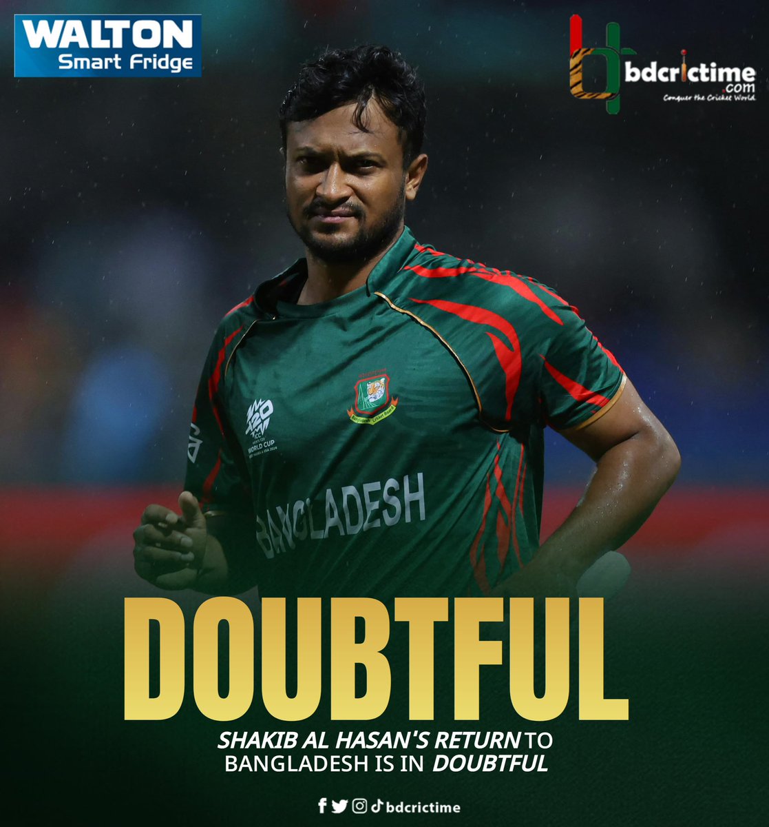BDCricTime's tweet photo. 🚨DOUBTFUL 🤞
Not a Good News for Shakib Al Hasan & His Fans
#SHA75 #BANvSA https://t.co/VmtchFjFL5