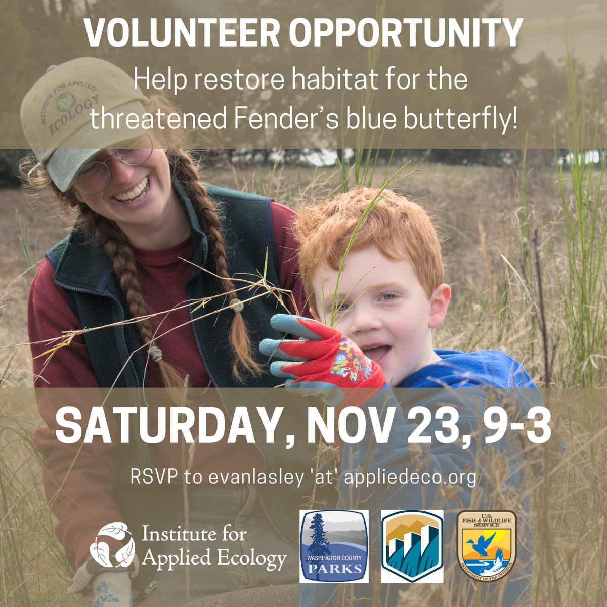 SAVE THE DATE: Saturday, November 23 from 9:00 a.m. to 3:00 p.m. at Henry Hagg Lake. Join us to help restore habitat for the threatened Fender's Blue butterfly with our partners at Washington County Parks!

RSVP online at: lp.constantcontactpages.com/ev/reg/wyudmp8