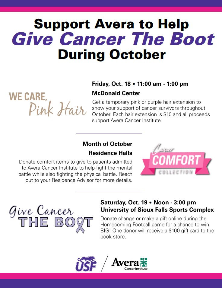 USFCougars_'s tweet photo. USF Athletics is teaming up with Avera this month to Give Cancer The Boot! Check out what is happening this week and participate.
#CooFalls | #GiveCancerTheBoot https://t.co/0CUWtH6OXl