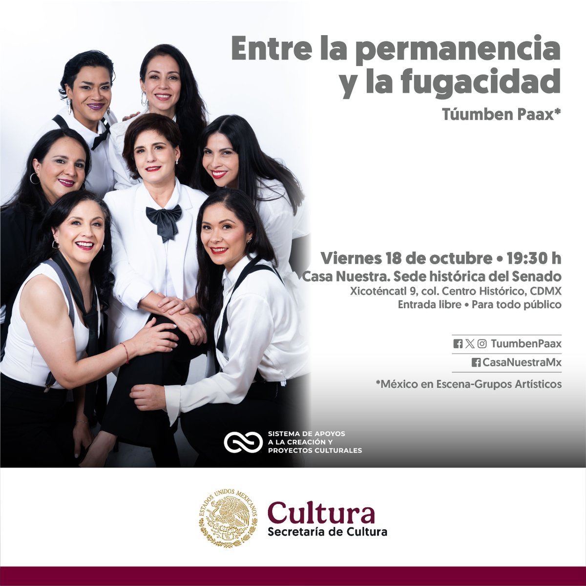 🎤El próximo viernes, la agrupación <a href="/TuumbenPaax/">Túumben Paax</a> (México en Escena) ofrecerá el concierto “Entre la permanencia y la fugacidad” en Casa Nuestra.

📅19:30 h
🎟Entrada libre

<a href="/cultura_mx/">Secretaría de Cultura</a>