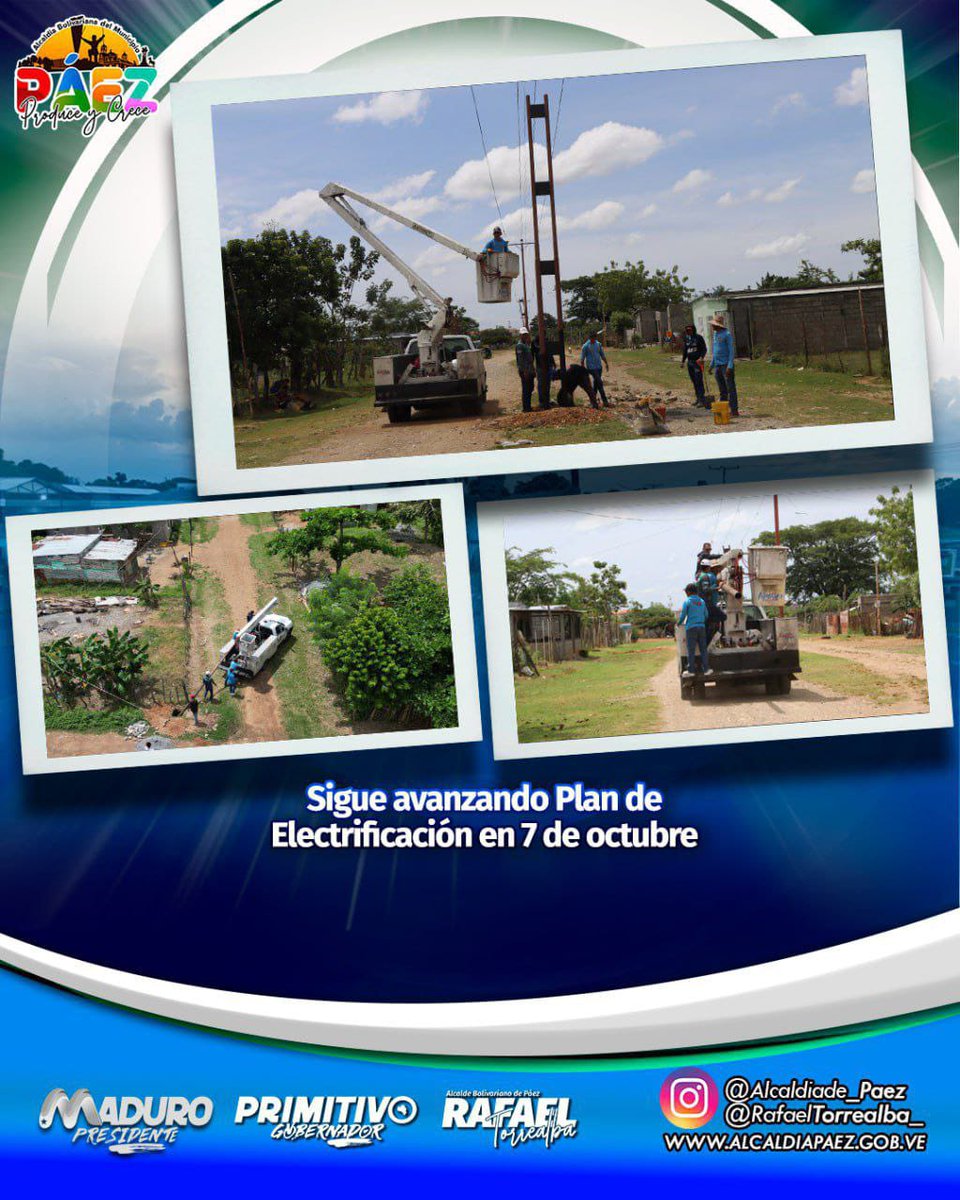 Con la instalación de los postes para el tendido eléctrico en baja tensión, avanza la 1ra fase del proyecto de electrificación en la comunidad 7 de Octubre de la zona sur de Acarigua.

<a href="/nicolasmaduro/">Nicolás Maduro</a> <a href="/primitivo_ceden/">Primitivo_Cedeno</a> <a href="/rtorrealba_/">Rafael Torrealba</a>