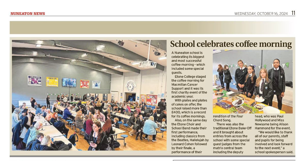 Etone College (@etonecollege) on Twitter photo In the news again! Check out the latest edition of the Nuneaton News for our MacMillan Coffee Morning! 🚨📰🗞️<a href="/macmillancancer/">Macmillan Cancer Support</a> <a href="/MatrixAcademyT/">Matrix Academy Trust</a> <a href="/NuneatonNews/">Nuneaton News</a> #InTheNews In the news again! Check out the latest edition of the Nuneaton News for our MacMillan Coffee Morning! 🚨📰🗞️<a href="/macmillancancer/">Macmillan Cancer Support</a> <a href="/MatrixAcademyT/">Matrix Academy Trust</a> <a href="/NuneatonNews/">Nuneaton News</a> #InTheNews