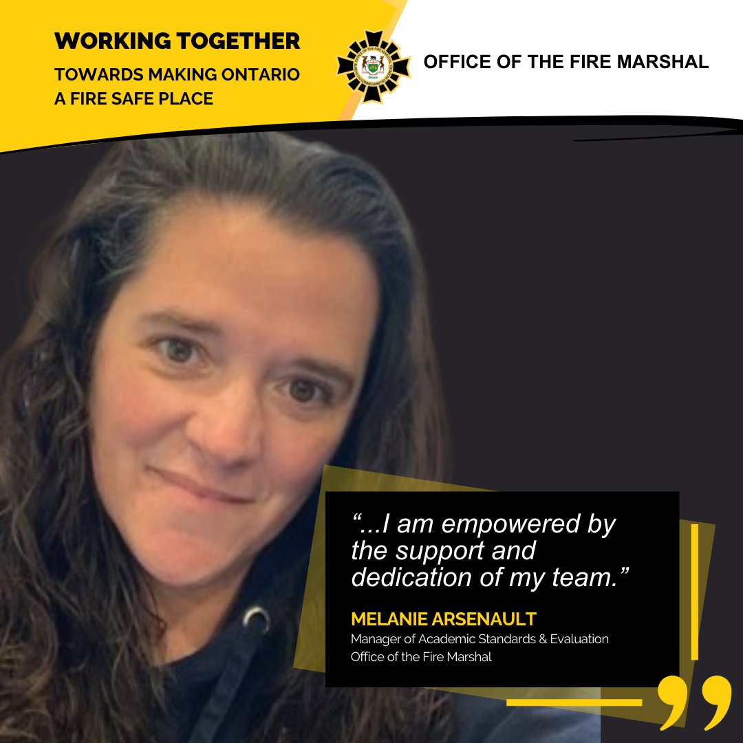 ONFireMarshal's tweet photo. 👋 Meet Melanie Arsenault, Manager at the Office of the Fire Marshal.🔥 With 18 years of experience and a passion for public service, she leads her team with dedication and trust. 'The most rewarding part of my role is working with my hardworking team.’  

#WhoisOFM #FireSafety https://t.co/OMMoAmGXJr