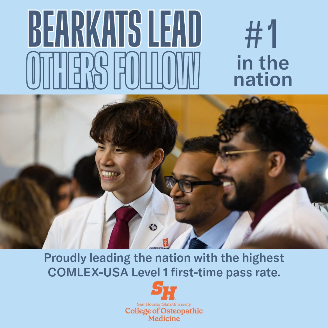 shsucom's tweet photo. SHSU-COM leads the nation with the highest COMLEX-USA Level 1 first-time pass rate (May '23-Apr '24)! Over 99% of our class of 2025 passed on the first try, with 100% passing by their second. https://t.co/WpkGqjzgbO

#COMLEX #OsteopathicMedicine #ruralhealthcare #medschool https://t.co/QB67NZpRIN