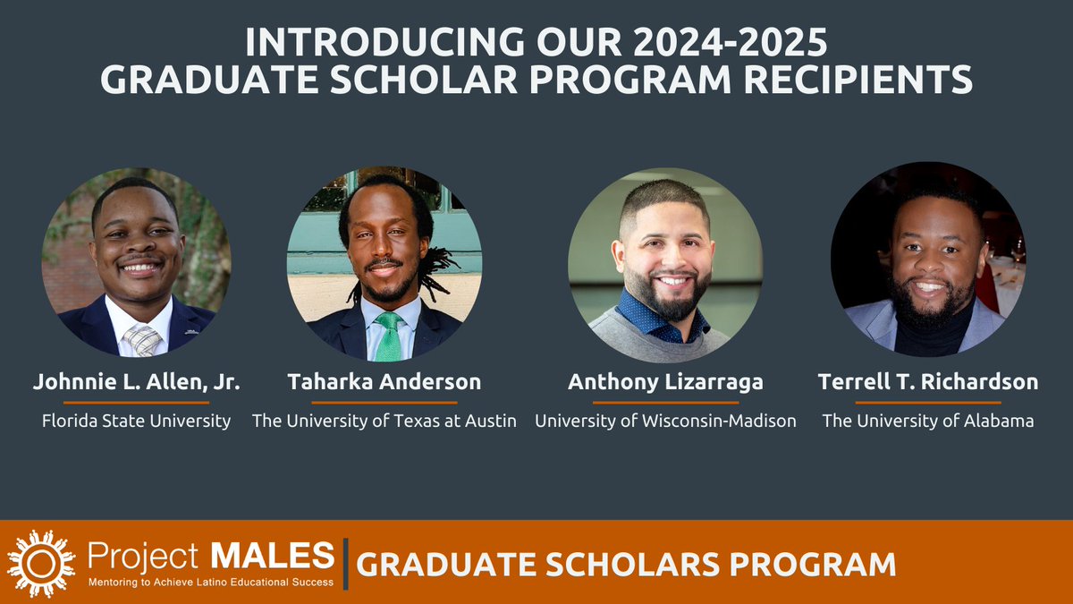 The long-awaited moment is finally here.

We are thrilled to announce our 2024-2025 Graduate Scholars: Johnnie L. Allen, Jr., Taharka Anderson, Anthony Lizarraga, and Terrell T. Richardson. Congratulations to all of you!

Read more about our scholars here: bit.ly/3NOfrKd