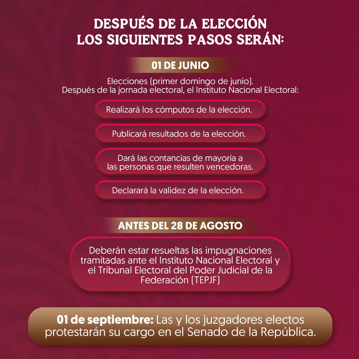 A partir de hoy, en el Senado de la República se emite la convocatoria general para los Poderes y con ello dar inicio al proceso para la renovación y elección del Poder Judicial, rumbo a las votaciones del 2 de junio de 2025.
Por lo cual, Comparto con ustedes las fechas