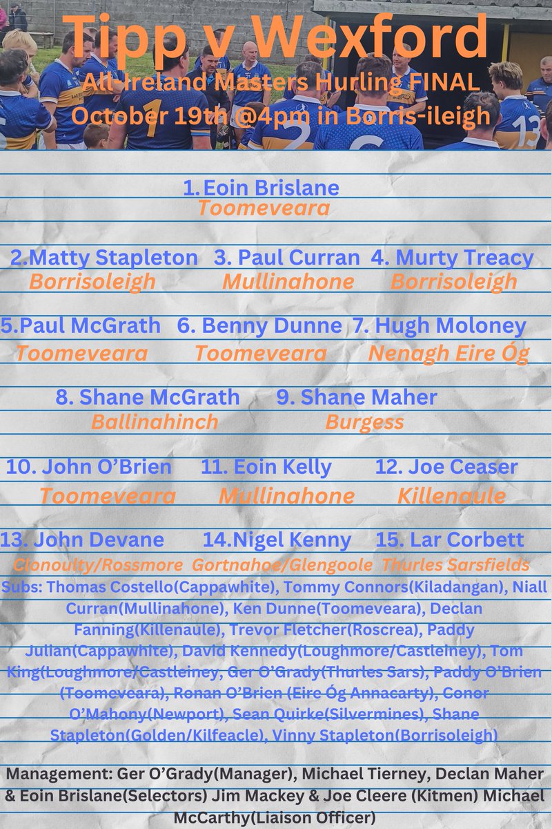 TippGAAMasters's tweet photo. Redser has named his team for Saturday's All Ireland Masters Hurling final V @Wexfordmasters

The game throws in at 4pm in Borris-Ileigh and is preceded by @CorkMasters v @MastersGalway in the Challenge Cup final. 

See you all there. 

€10 entry with U16s free https://t.co/tyrKdVg5tD