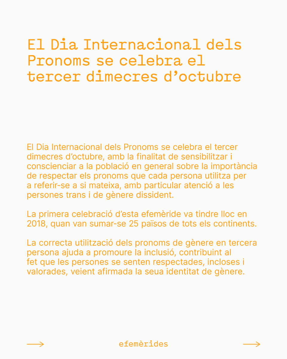El Dia Internacional dels Pronoms se celebra amb la finalitat de sensibilitzar i conscienciar a la població en general sobre la importància de respectar els pronoms que cada persona utilitza per a referir-se a si mateixa.