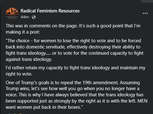 Sakutan's tweet image. For those of you in the USA that are #GenderCritical but think of #VotingTrump because of what he stated against #GenderIdealists PLEASE consider this.
Yes, @KamalaHarris supports men in dresses but she also supports women's rights to choose and VOTE.
While Trump doesn't.