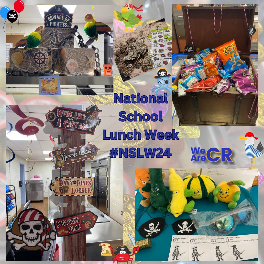 CRFood4U's tweet photo. The National School Lunch Week's "Find Your Treasure" theme offers a wonderful opportunity for our team members to create engaging and imaginative decorations!  💙💛 The students love it! #NSLW24 https://t.co/RL8ODYba2g
