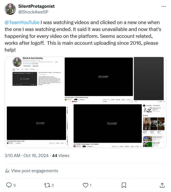 ShockAweSP's tweet photo. @TeamYouTube Hello, I am following up again on an inquiry for assistance made.  I got an initial reply that was not able to assist me and then have heard nothing back since then.  Can you please get someone on this so that your platform is usable again? https://t.co/HEV1rv0u6X