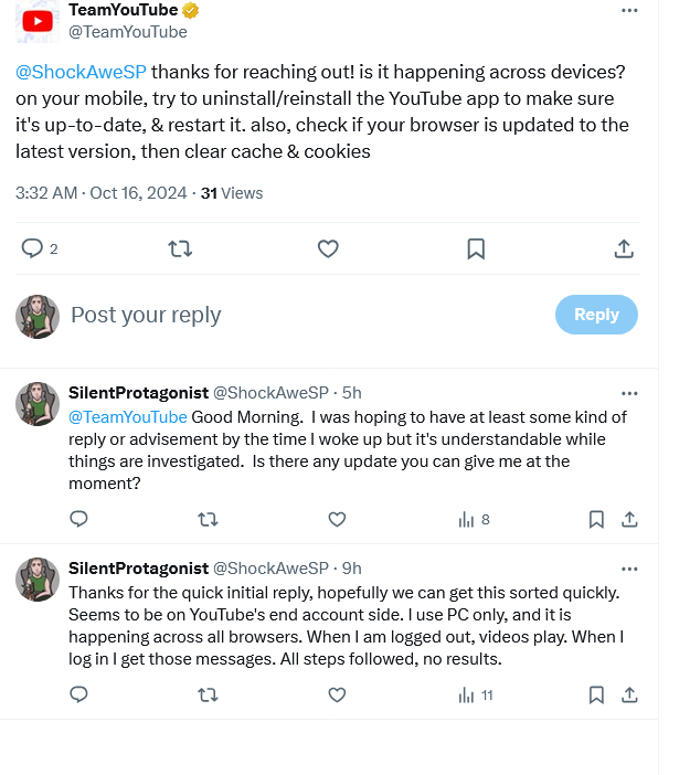 ShockAweSP's tweet photo. @TeamYouTube Hello, I am following up again on an inquiry for assistance made.  I got an initial reply that was not able to assist me and then have heard nothing back since then.  Can you please get someone on this so that your platform is usable again? https://t.co/HEV1rv0u6X