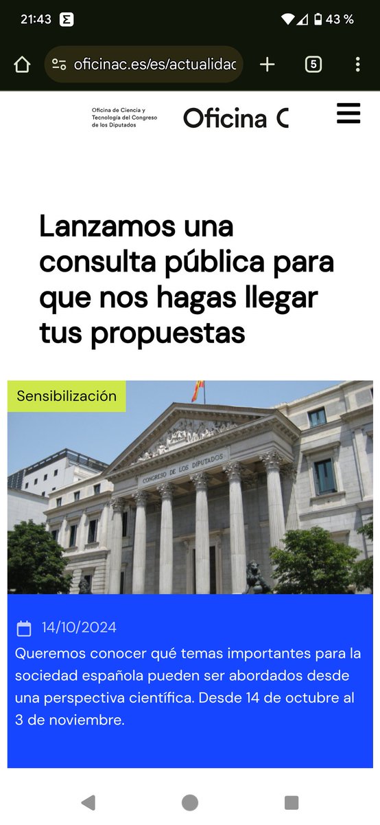 La #OficinaC del <a href="/Congreso_Es/">Congreso</a> lanza una consulta pública para que cualquier ciudadan@ pueda hacer llegar propuestas sobre temas científicos para los diputados. ¡No dejes pasar la oportunidad! oficinac.es/es/actualidad/…