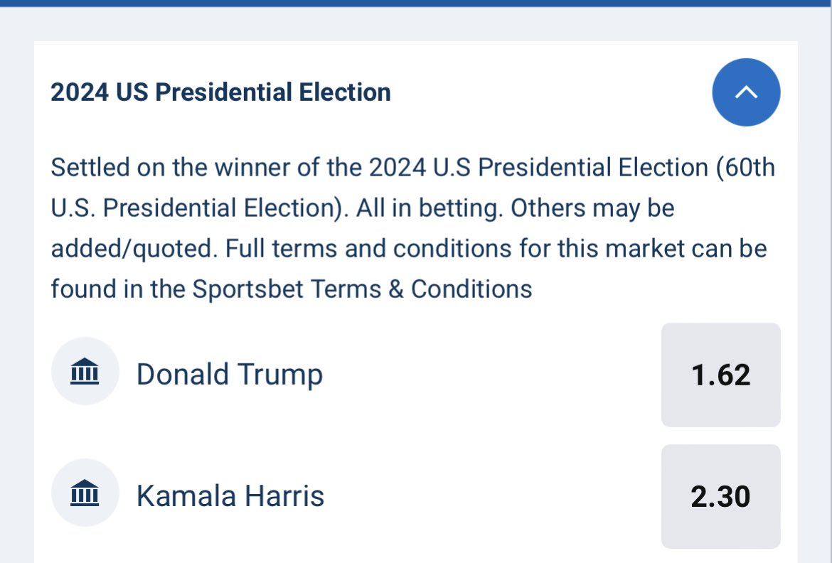 M8Rate's tweet photo. @crypto_is_good The biggest corporate bookmaker in 🇦🇺 has trump now being a clear favourite to win $1.62 https://t.co/LuXaKc71G5
