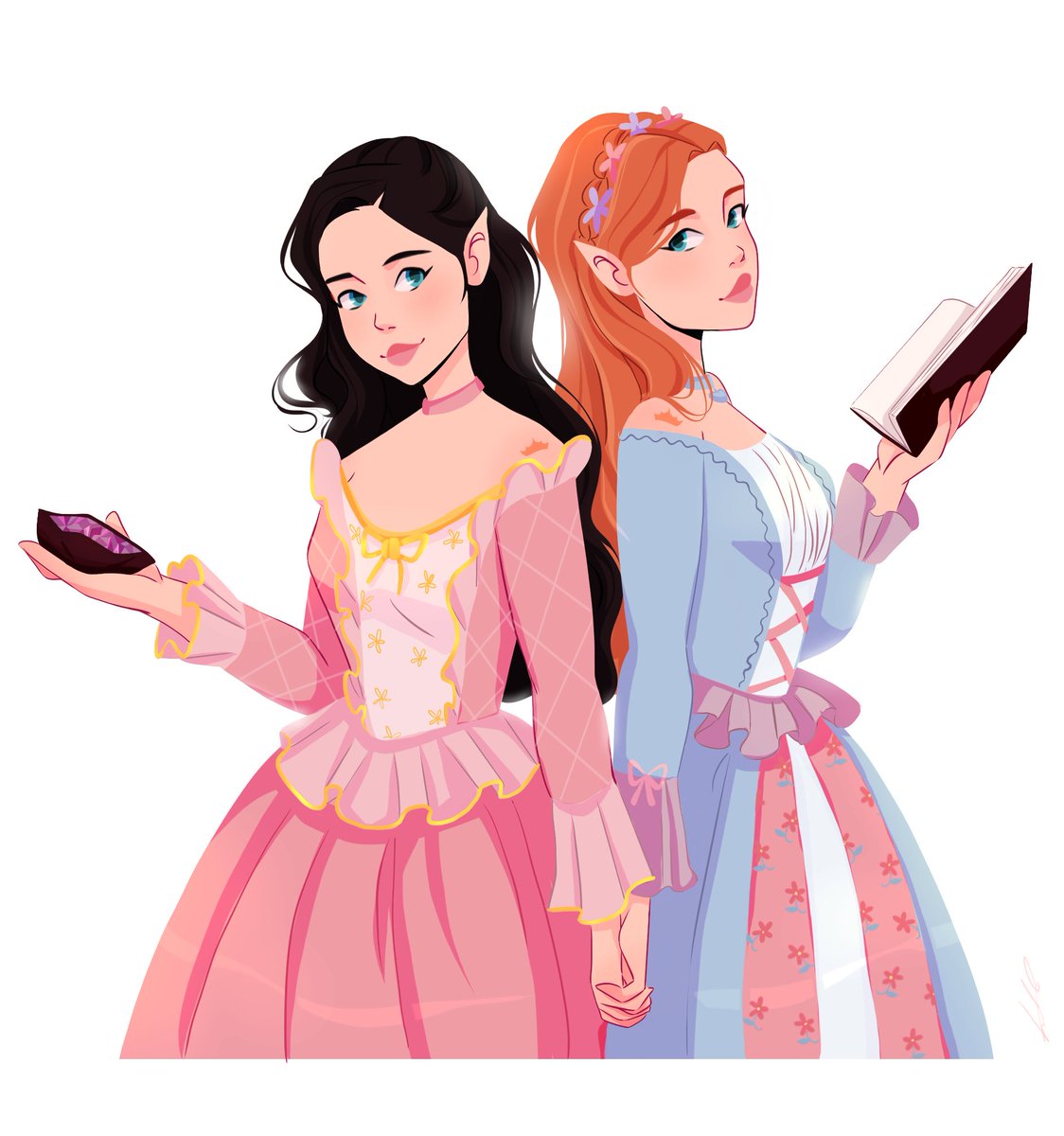 “I’m just like you
You’re just like me
There’s somewhere else we’d rather be
Somewhere that’s ours
Somewhere that dreams come true
Yes, i am a girl like you.” 🩷

Gwyn and Catrin Berdara as the Princess and the Pauper. 

art by <a href="/btzart_/">Bea 💫</a> &amp; comissioned by me.