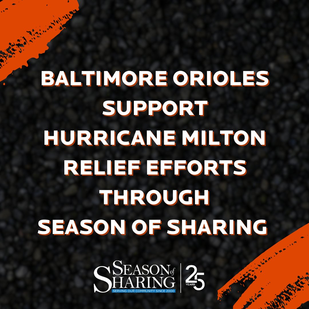 Community Foundation of Sarasota County (@cfsarasota) on Twitter photo The <a href="/Orioles/">Baltimore Orioles</a> are supporting Hurricane Milton relief efforts with $250K to Season of Sharing! They're also matching donations up to $250K to raise a total of $500K. When the $500K target is reached <a href="/ThePattersonFdn/">The Patterson Foundation</a> will provide an additional $100K.
More: cfsarasota.org/Baltimore-Orio… The <a href="/Orioles/">Baltimore Orioles</a> are supporting Hurricane Milton relief efforts with $250K to Season of Sharing! They're also matching donations up to $250K to raise a total of $500K. When the $500K target is reached <a href="/ThePattersonFdn/">The Patterson Foundation</a> will provide an additional $100K.
More: cfsarasota.org/Baltimore-Orio…
