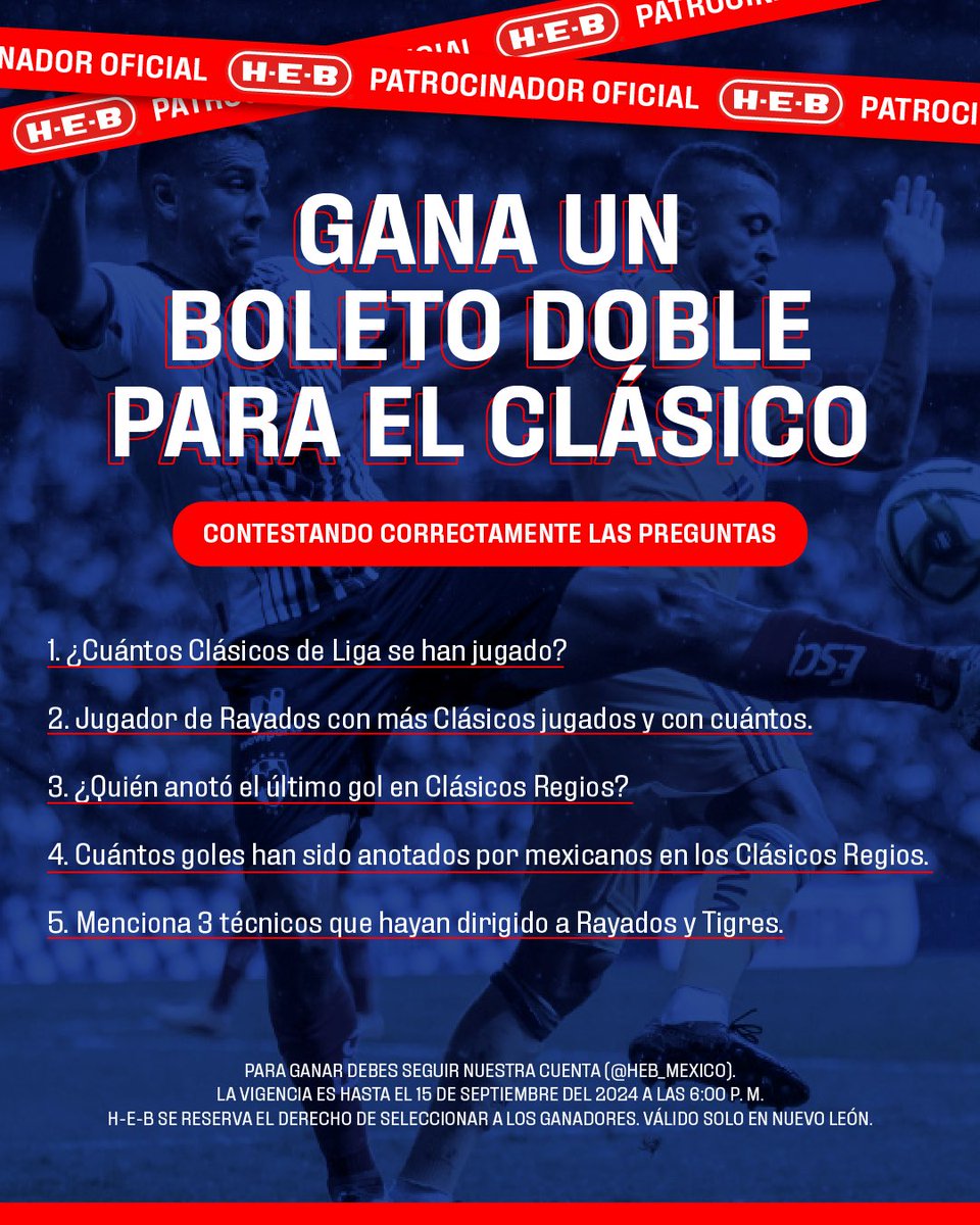 HEB_mexico's tweet photo. ¡Vámonos a ver el Clásico Regio! 🔥
Me voy a llevar a 20 personas al Clásico más pasional de México, solo tienen que contestar correctamente las preguntas para participar. Se las puse fácil como les gusta 🙄 https://t.co/CMLJ2vJ8Em