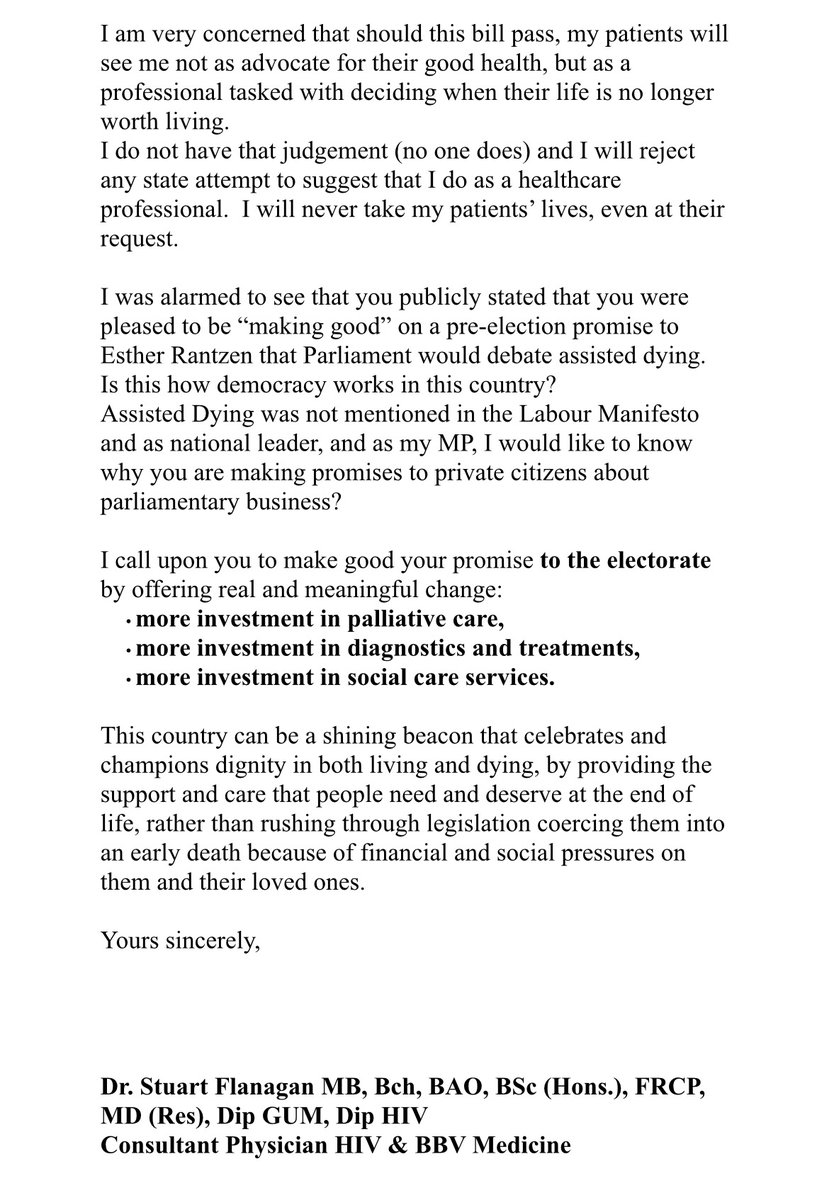 Dr Stuart Flanagan (@dr_stuart) on Twitter photo Dear <a href="/Keir_Starmer/">Keir Starmer</a>:
the #assisteddying bill promises choice, but offers only coercion, anxiety and fear.
It would be a fundamental shift in the Patient-Doctor relationship.
Make good your promise to the electorate - more investment in palliative and social care services. Dear <a href="/Keir_Starmer/">Keir Starmer</a>:
the #assisteddying bill promises choice, but offers only coercion, anxiety and fear.
It would be a fundamental shift in the Patient-Doctor relationship.
Make good your promise to the electorate - more investment in palliative and social care services.