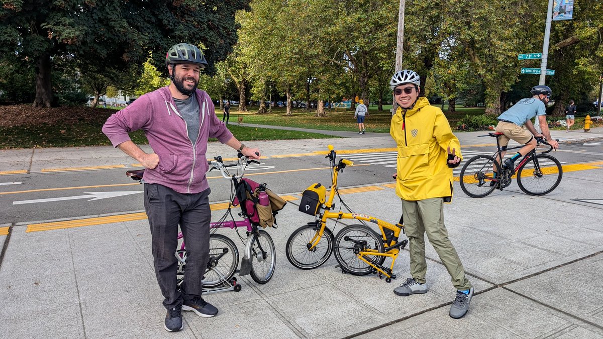 Collab with <a href="/seabikeblog/">Seattle Bike Blog</a> with our coordinated <a href="/BromptonBicycle/">Brompton Bicycle</a> and outfits :) Talking about the upcoming transportation Levy