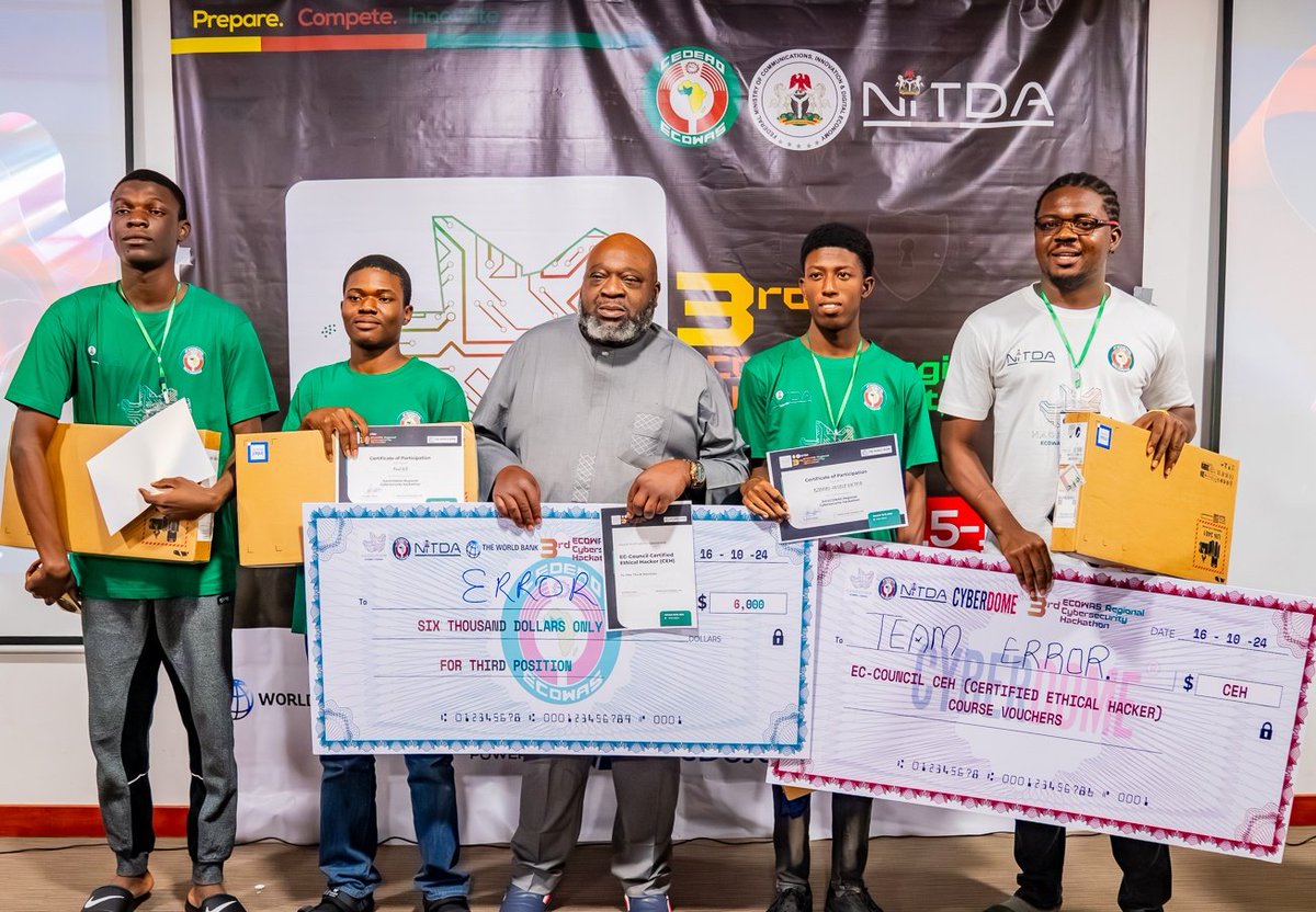 NITDANigeria's tweet photo. A big shout-out to Team Error from Nigeria🇳🇬 for securing the 3rd place at the #ECOWASCybersecurity Hackathon!
Their relentless effort in addressing cybersecurity challenges truly stood out in this competitive event. https://t.co/QsFnHjsToY