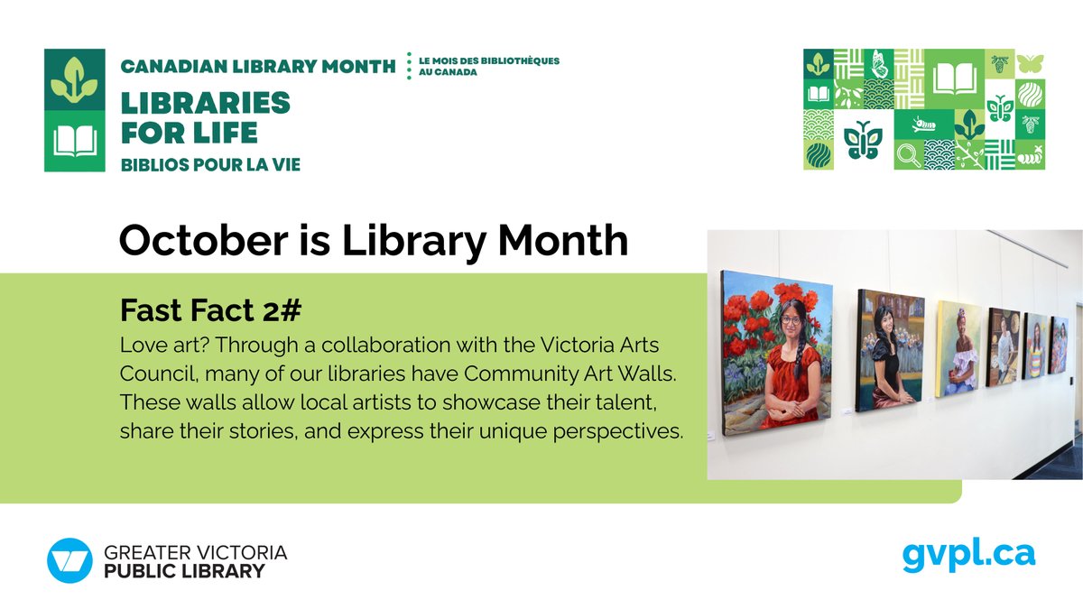 gvpl's tweet image. It’s Library Month, and we’re highlighting fun facts about GVPL! Did you know some of our branches have Community Art Walls featuring the work of local artists? 

Come see the talent that calls Victoria home! 

#LibraryMonth #SupportLocalArt #GVPL