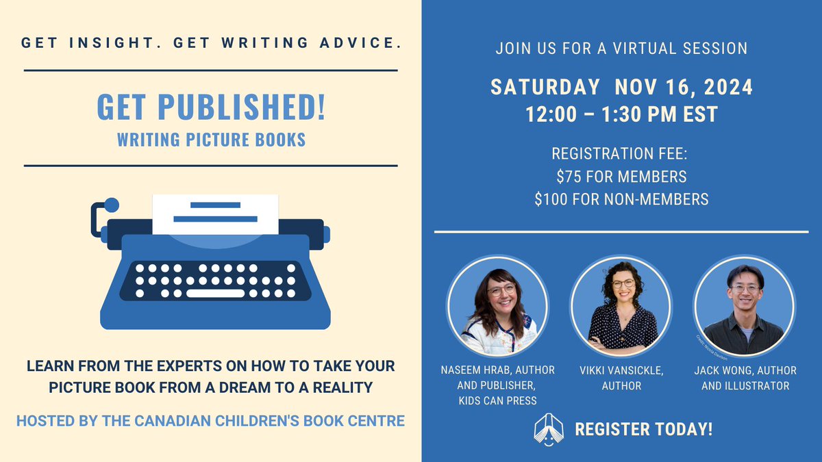 Do you have an idea for a picture book? If you've ever dreamed of writing your own picture book, we have the webinar for you: Get Published! Writing Picture Books. Nov 16 from 12-1:30 pm EST. Register today! 

bookcentre.ca/getpub-pb24