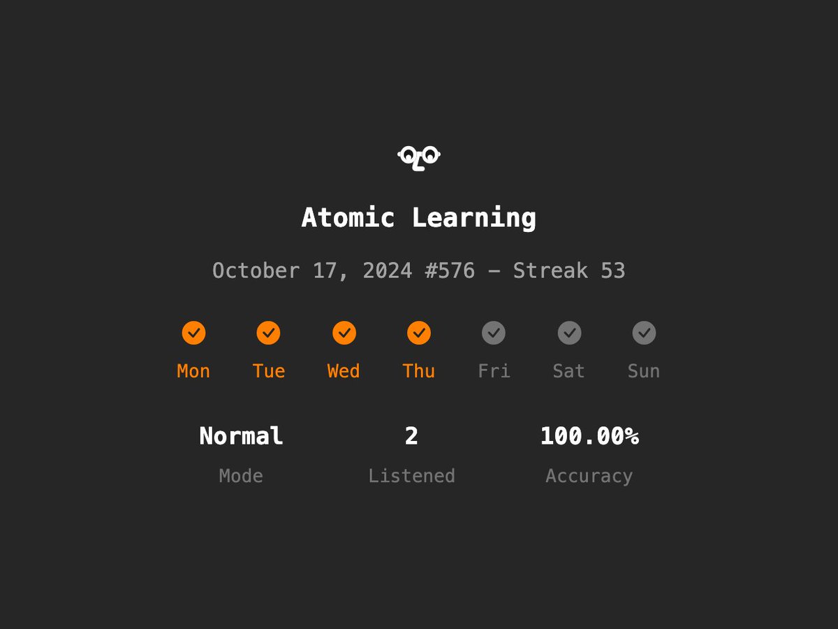 Atomic Learning #576 - Streak 53
Normal✨/2 Listened/100.00% Accuracy
en.atomiclearning.app
<a href="/atomiclearning_/">Atomic Learning</a> #AtomicLearning #langtwt