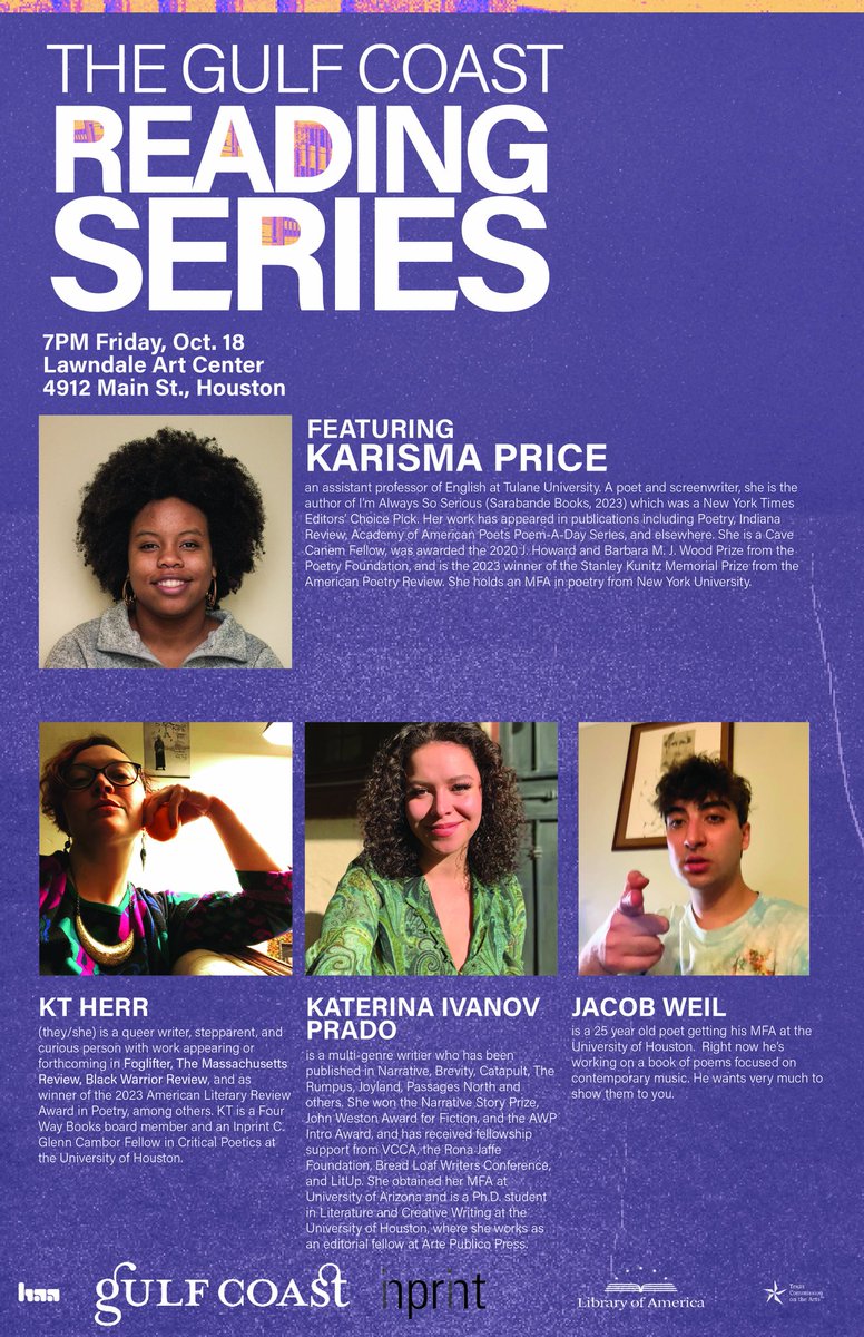 itsKayPrice's tweet image. Hey Houston! I'll be there this Friday reading in the @Gulf_Coast Reading Series. Come check out me, @kt_herr, @kativanovwrites, and @WeilJacob!