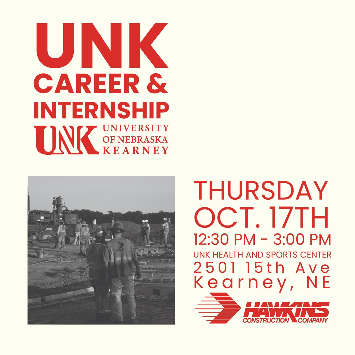 Join us Thursday, Oct. 17th from 12:30 - 3:00 @UniversityOfNebraskaKearney for UNK's Career &amp; Internship Fair. Stop by and say hi! 🌟 🚨 🚧 👷
#TheHawkinsWay #Hawkins #Construction #Careers #Internships #CareerFair #UNK #UniversityofNebraskaKearney
