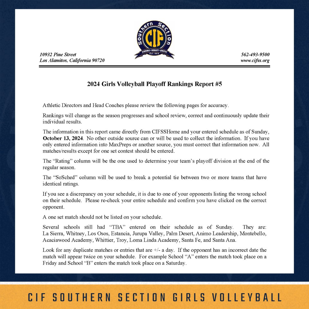 🚨GIRLS VOLLEYBALL RANKINGS as of October 13🚨

2024 CIF-SS Girls Volleyball Playoff Rankings Report #5 is up on our website! #RoadToChampionships 🏐

🔗: cifss.org/news/2024-girl…