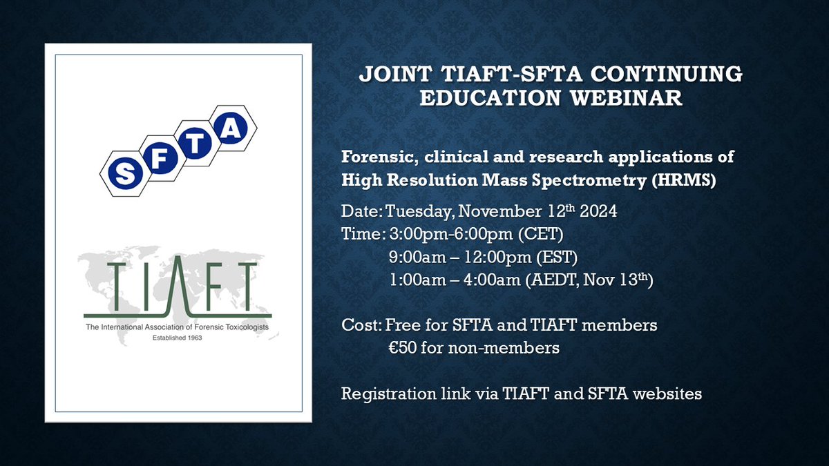 The #TIAFT Continuing Education Committee, in association with the #SFTA, are inviting you to their upcoming webinar on forensic, clinical and research applications of HRMS 👏 on November 12th 2024.  Register right now at sfta.org/evenements/vie…