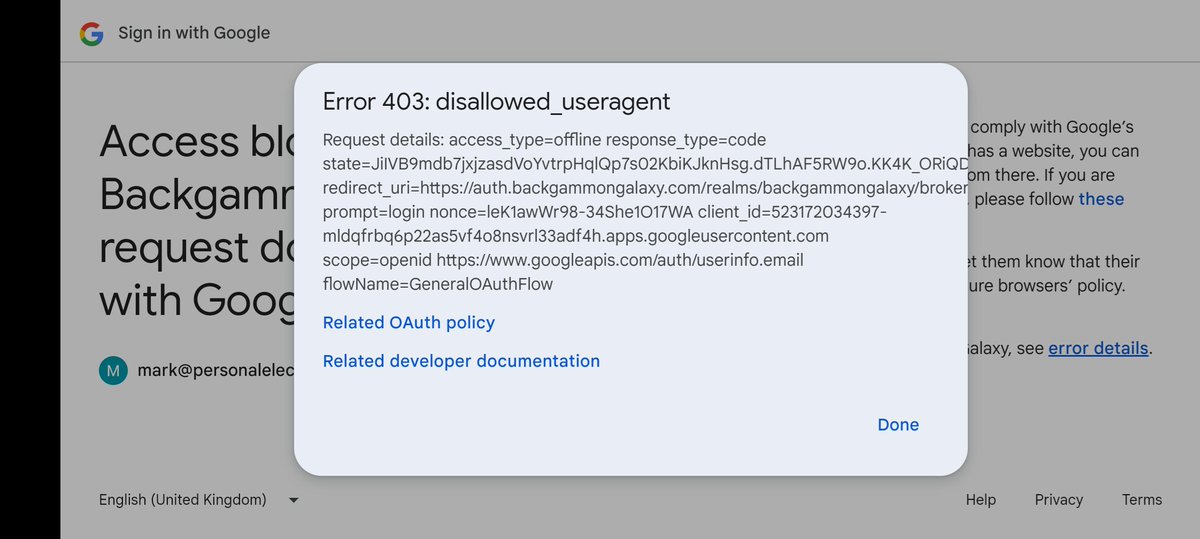 WhiteRabbitLON's tweet photo. @BGammonGalaxy your app is crashing on Android. When I ask for analysis, it asks me to sign in and then this... It happened on one of my profiles so I switched to another - this was fine for a few days and now the same thing. So this is a bug. https://t.co/t6lzlzUI49