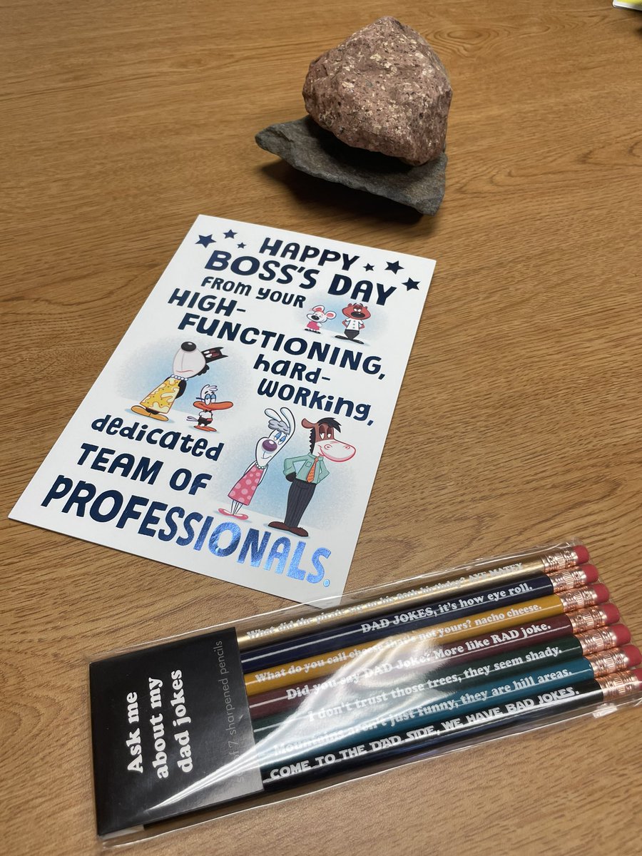 Most certainly feeling the love today from the curriculum team on “Boss’s Day” they get me, and appreciate my daily “Dad Jokes” to the point that they gave me a pack of sharpened “Dad Joke” pencils.  One might say this gift rocks!