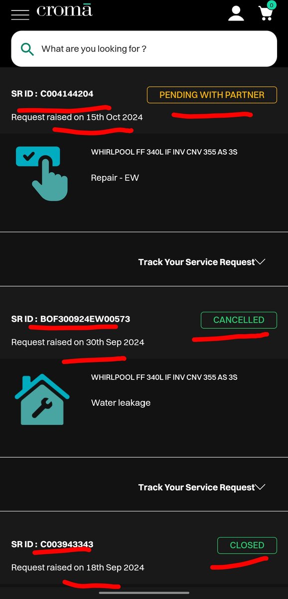 Ashadija's tweet photo. @whirlpool_india sharing a screenshot of complaint no. (raised on 15/10) reflecting on Croma's website as i haven't been provided with any other ref. Also note that the previous 2 complaints reflecting in screenshot were abruptly close with no action taken by @cromaretail &amp; @whirlpool_india https://t.co/c6ORLPL0da