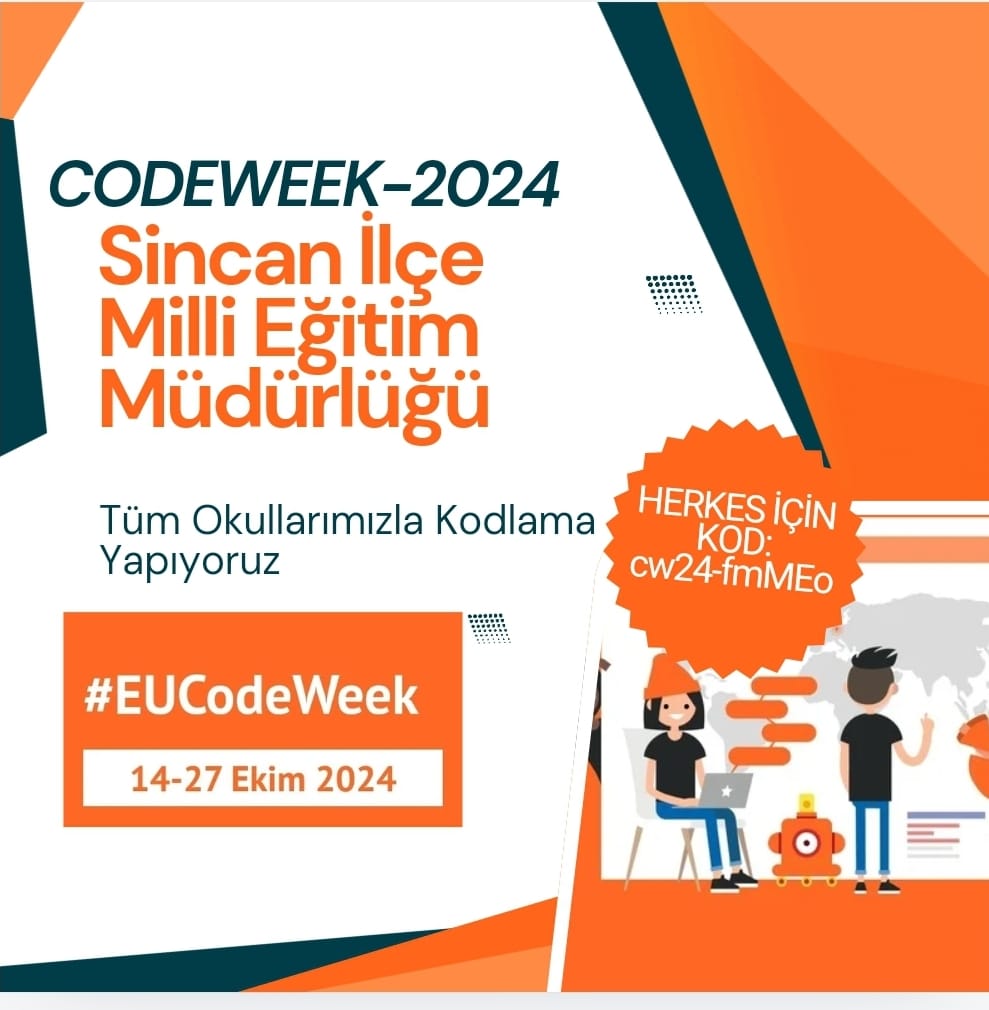 sincanmem's tweet image. 📢 #EUCodeWeek
Sincan İlçe Milli Eğitim Müdürlüğü olarak, 14-27 Ekim 2024 tarihleri arasında tüm okullarımızdan kodlama etkinlikleri bekliyoruz💻👾
Katılım için kodunuz: cw24-fmMEO 📲
#CodeWeek2024 #KodlamaHerYerde #SincanİlçeMEM