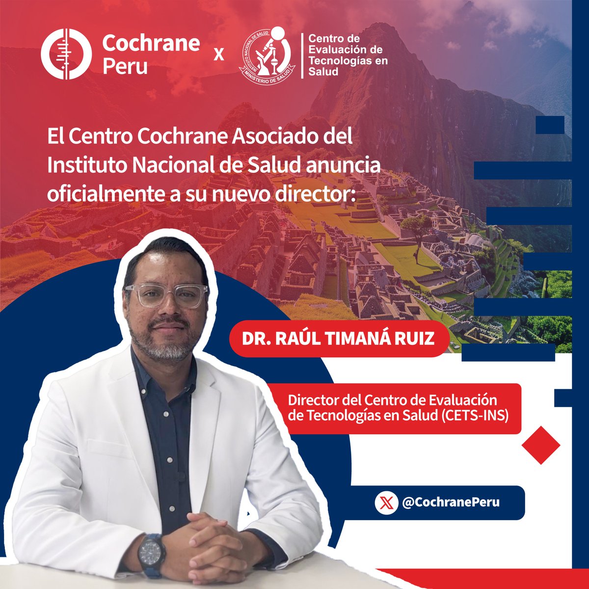 CochranePeru's tweet photo. 🎉 ¡Anunciamos al nuevo director del Centro Asociado de Cochrane Perú @INS_Peru! 🎉 @cochranecollab

Felicitamos al Dr. Raúl Timaná Ruiz por asumir la dirección del Cochrane en Perú. 

🌍 ¡Seguimos avanzando hacia un Perú con deciones informadas en salud!

#Cochrane #CochranePeru https://t.co/6yFim6kKFj