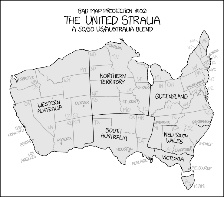 "Bad Map Projection: The United Stralia" by @XKCD comic - A mashmap of USA🇺🇸 &amp; Australia🇦🇺 with no apparent purpose except to merge Melbourne cities in Victoria and Florida. (Fellow pilots <a href="/WesleyEllery/">Wesley Ellery</a> &amp; <a href="/l8on_p/">Leighton Powell</a> will like this from each of those.) #maps #mapgeek #WTF