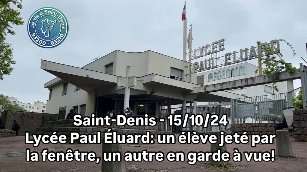 ℹ️🔴#saintdenis Lycée Paul Éluard: hier, un élève de terminale a été jeté par la fenêtre par un camarade de classe.
La victime a survécu à sa chute et a été transporté a l’hôpital. L’auteur des faits a été interpellé et placé en garde à vue.