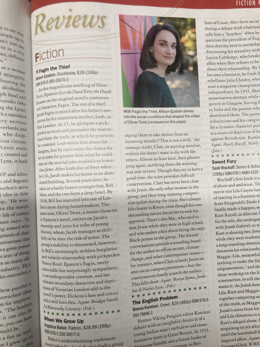 Jabberwocky Literary (@awfulagent) on Twitter photo It's a "As Seen in Print" extravaganza this week! There are so many JAB clients in the most recent issue of <a href="/PublishersWkly/">Publishers Weekly</a> 🤩
Prominently featured is the ⭐️starred⭐️ review for <a href="/rapscallison/">Allison Epstein (INACTIVE)</a>'s FAGIN THE THIEF! "Magnificent... Dickens’s fans and critics alike will love this." It's a "As Seen in Print" extravaganza this week! There are so many JAB clients in the most recent issue of <a href="/PublishersWkly/">Publishers Weekly</a> 🤩
Prominently featured is the ⭐️starred⭐️ review for <a href="/rapscallison/">Allison Epstein (INACTIVE)</a>'s FAGIN THE THIEF! "Magnificent... Dickens’s fans and critics alike will love this."