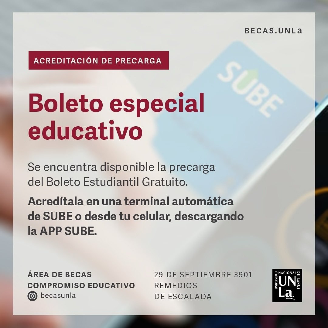BecasUNLa's tweet photo. Atención estudiantes! 
Se encuentra disponible la precarga del mes de septiembre del Boleto Especial Educativo 🚍📚

Acredítala en una terminal automática o en tu celular a través de la APP SUBE

➕ Info: becas@unla.edu.ar

#boleto #boletoespecialeducativo #boletouniversitario https://t.co/iF5Ne0RXsD