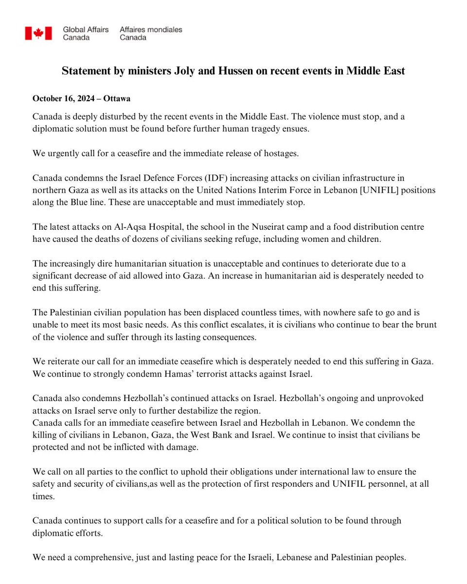 melaniejoly's tweet photo. Our joint statement on recent events in the Middle East. https://t.co/GILYMaWuja